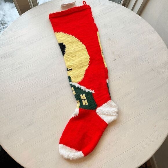 Vintage Knit Christmas Stocking Santa Sleigh Scene Handmade Red Green Yellow - Picture 2 of 7